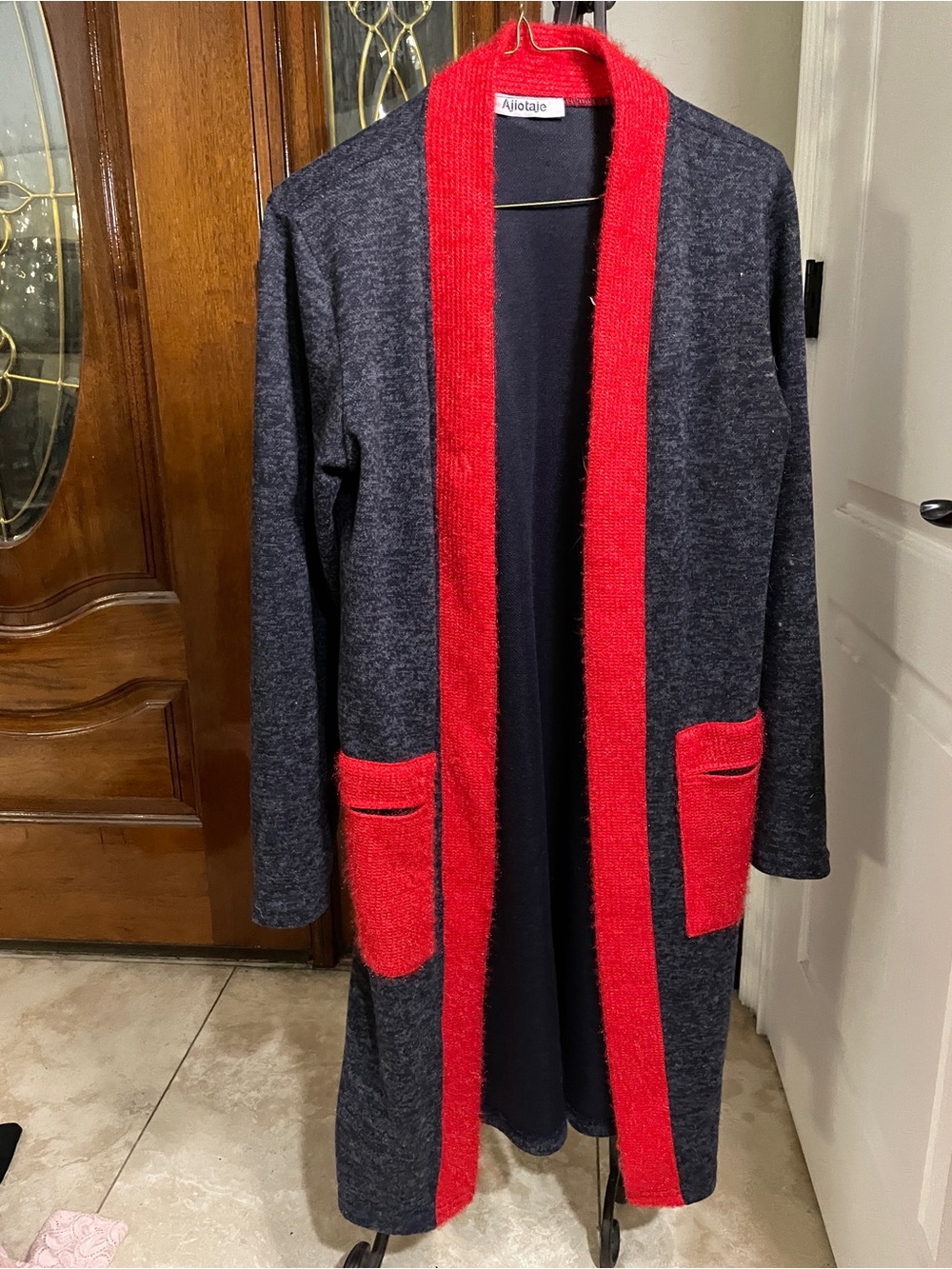 Long Warm Open-Front European Cardigan Cover Blazer Coatigan in Charcoal & Red M